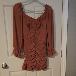 Blush Long Sleeve Ruched Dress in Rust
